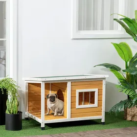 Meilleurs prix pour Niche pour Chien avec Veranda et Toit Ouvrant - ELVMI - Fenetre Pieds Reglables en Bois Orange 85 5 × 62 × 60 cm