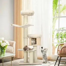 Meilleurs prix pour Arbre à chat 4 niveaux en bois naturel - condo hamac perchoirs griffoirs sisal jouets base large 685 pouces