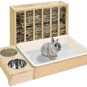 Comparer les prix de Ratelier Foin Lapin Mangeoire À Foin en Bois pour Lapin avec Bac À Litière 4 en 1 pour Hamster Furet (Pas de Bouteille deau)