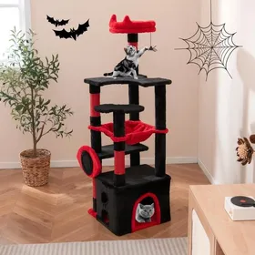 Comparer les prix de Arbre à chat gothique noir et rouge - perchoir moelleux condo griffoirs sisal jouet araignée anti-bascule pour chats