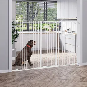 Meilleurs prix pour Barrière pour chien en acier à 3 panneaux pliante double verrouillage et porte intégrée pour porte et escalier blanc