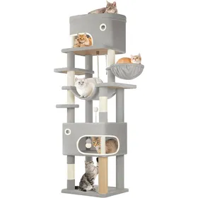 Meilleurs prix pour Arbre à Chat Abri à Chat Multi-Niveaux de 203 cm avec Grande Plateforme 2 Niches 7 Griffoirs Pompons Paniers Hamac Gris
