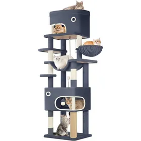 Meilleurs prix pour Arbre à Chat Abri à Chat Multi-Niveaux de 203 cm avec Grande Plateforme 2 Niches 7 Griffoirs Pompons Paniers Hamac Gris Foncé