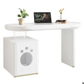 Meilleurs prix pour Bureau Blanc élégant à plateau courbe finition brillante totale 2-en-1 avec nichoir et rangement blanc 117x50x76 cm