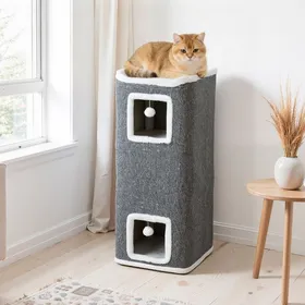 Comparer les prix de Arbre à chat - AKOZON - 12864 - 4 niveaux - 41x41x100 cm - Gris