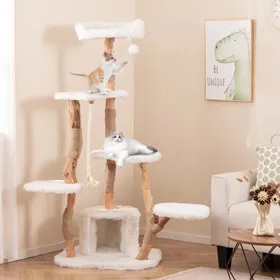 Comparer les prix de Arbre à chat en bois massif blanc 167cm - perchoirs maison poteaux jute jouets suspendus design moderne et stable