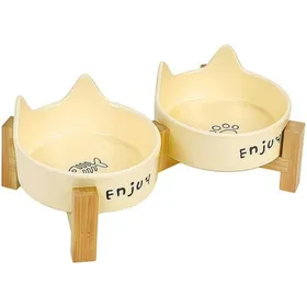 Meilleurs prix pour Gamelle pour chat 0.4L 23.5x14x4.5cm jaune matériau céramique support bois surélevé bord plat anti-débordement anti-renversement