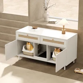Comparer les prix de LINHOO Meuble pour Litière Chat 120x50x65 cm avec Tapis Attrape-Litière et Tiroir Effet Rotin Blanc