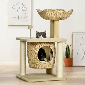 Comparer les prix de Arbre à chat d’intérieur beige en bois et peluche avec niche panier et griffoirs 45x40x74 cm