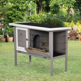 Meilleurs prix pour Clapier en bois pour lapin avec toit en asphalte mangeoire plateau amovible et 2 portes 91 x 46 x 71 cm gris