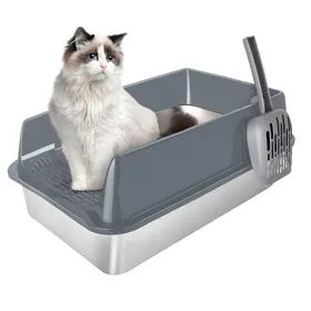 Meilleurs prix pour Bac à Litière pour Chat en Inox - Semi-Fermés - Avec Pelle à Litière - Facile à Nettoyer - 40x60x30 cm - Gris