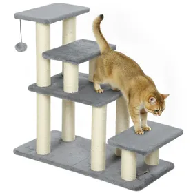 Meilleurs prix pour Escalier pour animaux domestiques - PawHut - réglable 3/4 marches - avec griffoirs en sisal et balle - 70 x 32 x 68 cm - gris