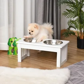 Comparer les prix de Gamelle Surélevée Double en Bois Blanc Élégante avec 2 Bols Inox 09L pour Chiens/Chats