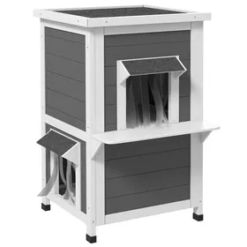 Meilleurs prix pour Niche Pour Chat Extérieur 2 Étages 60x60x81cm - Cabane Bois Résistante Aux Intempéries Avec Toit - Gris & Blanc