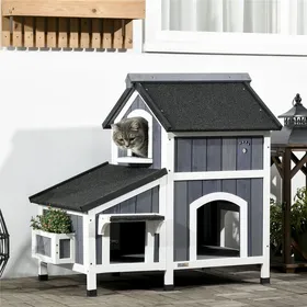 Meilleurs prix pour Maison pour Chat en Bois 2 Niveaux - Niche Extérieure Imperméable avec Toit en Asphalte et Jardinière - Gris et Blanc