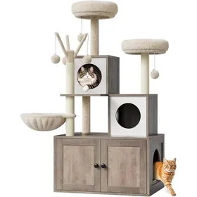 Meilleurs prix pour Arbre à chat gris en bois avec bac à litière griffoir sisal et perchoir peluche multiples plates-formes pour chats