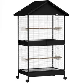 Meilleurs prix pour ELVORIN Volière cage à oiseaux noire double niveau 94 x 70 x 158 cm séparation amovible 2 portes 2 perchoirs en bois roulettes
