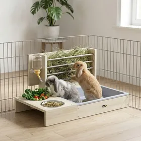 Comparer les prix de Râtelier à Foin en Bois pour Lapin Mangeoire Lapin 3 en 1 avec Bac à Litière et Bouteille dEau 58x40x32cm Bois Naturel
