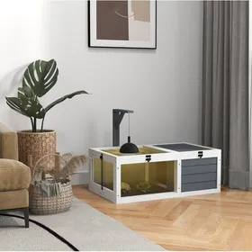 Comparer les prix de Maison pour tortue terrarium pour reptile 2 espaces avec support de lampe couvercle ouvrant bois blanc et gris Grjofek