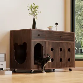 Comparer les prix de Armoire à litière pour chat - MDF - 100x45x66 cm - Couleur noyer - Plaque de vidange amovible