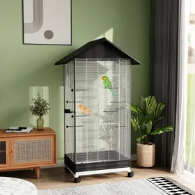 Comparer les prix de Cage oiseau sur pied volière oiseaux intérieure sur roulettes 2 mangeoires 8 perchoirs 79 x 65 x 155 cm fil dacier noir