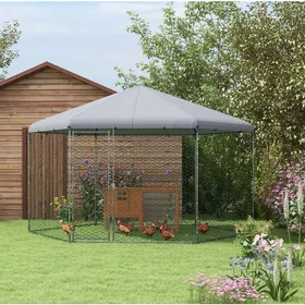 Comparer les prix de Enclos pour poules hexagonal en acier galvanisé avec toit Oxford gris - UVRION - Extérieur 400 × 346 × 263 cm