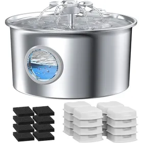 Comparer les prix de Fontaine à Eau INOX 26L pour Chats et Chiens - Cascade Fleurie avec Fenêtre de Niveau - 8 Filtres + 8 Éponges Inclus