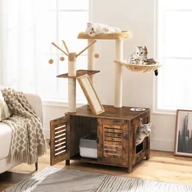 Comparer les prix de HOOBRO Arbre à Chat avec Maison de Litière pour Chat, Maison pour Chat en Bois avec Tour à Chat, Marron Rustique