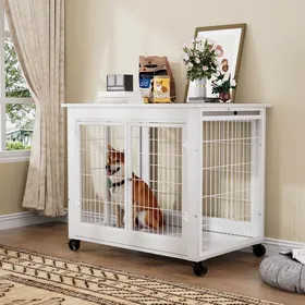 Meilleurs prix pour Cage pour Chien Style Meuble Blanc 80 cm - Double Porte Toit Ouvrable Roulettes Ventilation Sécurité