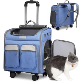 Comparer les prix de AIMOONSA Sac de transport pour chien - sac à dos/roulettes avec poignée télescopique tapis amovible bleu