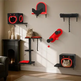 Meilleurs prix pour Structure descalade murale pour chat - SUTEO - Gothique - 6 pièces - 38x35x515 cm - Noir Rouge - Bois Sisal