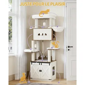 Comparer les prix de Arbre à Chat avec Meuble Litiere Chat Hauteur 174 cm avec Grande Plateforme Corde en SisalHamacCoussin LavableBlanc et Marron
