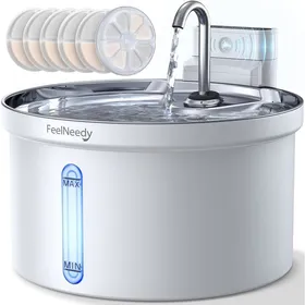 Comparer les prix de Fontaine chat sans fil 35 L batterie 4000 mAh séparateur eau/batterie 6 filtres inclus inox