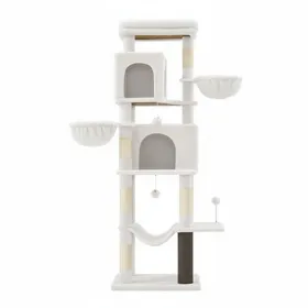 Meilleurs prix pour Arbre à Chat 175 cm 2 Paniers 2 Niches 5 Griffoirs Toilettage Autonome Hamac PerchoirBlanc