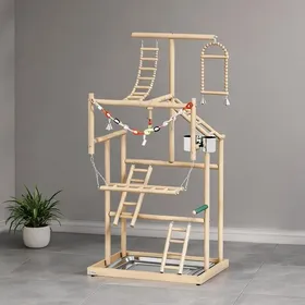 Comparer les prix de Perchoir à oiseaux 4 niveaux en acier inoxydable et bois naturel avec plateaux aire de jeux et accessoires