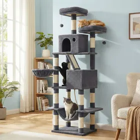 Meilleurs prix pour Arbre à Chat Hauteur 203 5 cm 2 Plate-formes 13 Griffoirs Panier Hamac 2 Niches Pompon Tissu Peluche Gris Foncé