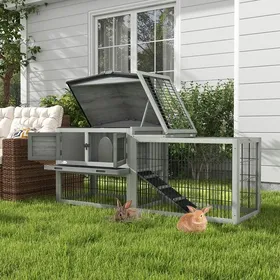 Comparer les prix de Clapier de sol cage à lapin cottage niche supérieure avec rampe enclos extérieur 150 x 52 x 68 cm gris
