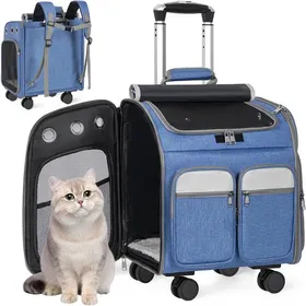 Comparer les prix de Sac à dos/trolley 2 en 1 pour chien chatavec roulettes et maille respirante.Poussette de voyage pour petits et moyens animaux(bleu)