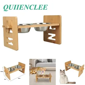 Comparer les prix de QUIIENCLEE-Support de gamelle en bambou pour chien avec 2 gamelles en acier inoxydable