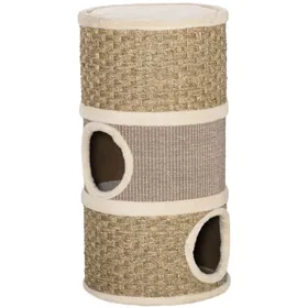 Comparer les prix de PawHut Tonneau à gratter pour chat arbre à chat sisal naturel et herbiers marins recouvert de peluche 375x375x70 cm kaki et café