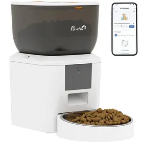 Comparer les prix de Distributeur Croquettes Chat WiFi 4L 1-10 repas/jour message vocal 10s double alimentation anti-bourrage.