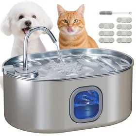 Meilleurs prix pour Fontaine à Eau pour Chat et Chien en Acier Inoxydable 304 - 7L - avec Lumière LED et Brosse - 32x22.1x22.3 cm - Argent