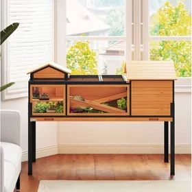 Meilleurs prix pour Terrarium pour tortue 2 niveaux avec 2 abris fenêtres rampe bac coulissant bois et acier 63 x 96 x 128 cm ORVRYN