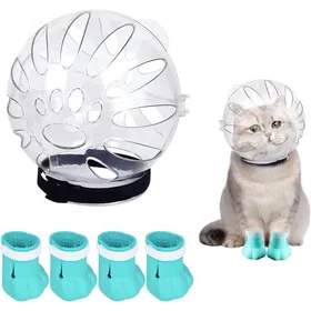 Comparer les prix de Kit confort chat bleu : muselière + couvre-pattes réglables toilettage/bain sans stress .