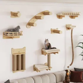 Meilleurs prix pour Ensemble mural descalade pour chat - SUTEO - 8 pièces - Bois naturel - Griffoirs - Plate-forme pour chaton