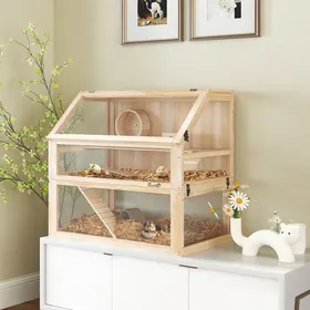 Meilleurs prix pour Cage hamster rongeur à 3 niveaux fond amovible de 31 cm de profondeur cabane balançoire 80x50x76cm finition bois naturel