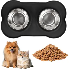 Meilleurs prix pour Tapis Gamelle Chat INOX2PcsGamelle pour Chien et Chat Antidérapante en Acier InoxydableDouble Bols Eau avec Tapis(M42x 26cm)