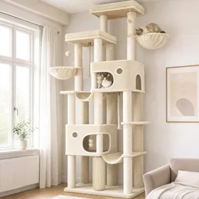 Comparer les prix de Arbre à Chat XXL Grand Tour à Chat de 213 cm de Haut avec 10 Griffoirs 2 Grand Plateformes Grottes 2 Hamacs Pompons Beige