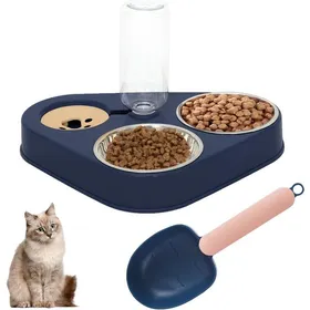 Meilleurs prix pour Gamelle chat 3-en-1 inox distributeur croquettes abreuvoir automatique cuillère incluse bleu