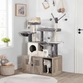 Meilleurs prix pour Arbre à Chat avec Maison de Litière pour Chat-HOOBRO-Maison pour Chat en Bois avec Tour à Chat-78 x 48 x 128 cm-Grège